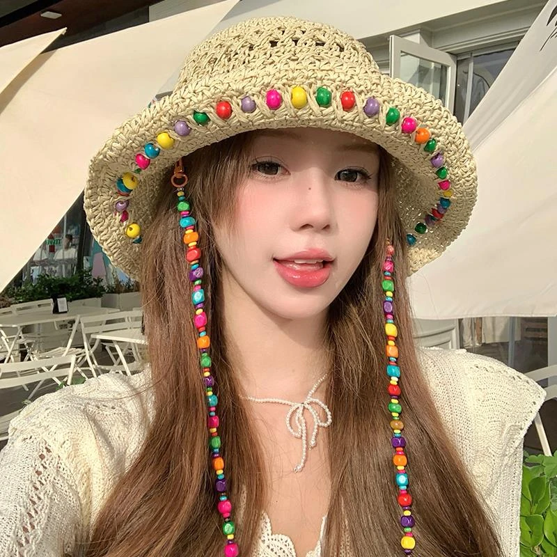 彩色木珠泫雅风编织草帽女2025年春新款海边拍照大帽檐渔夫帽子潮