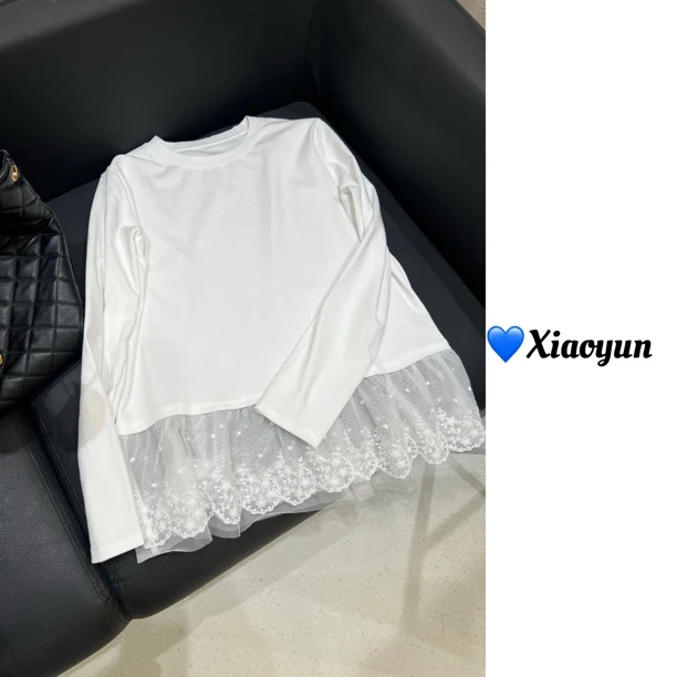 设计感蕾丝花边裙摆拼接长袖T恤女宽松显瘦白色内搭打底上衣