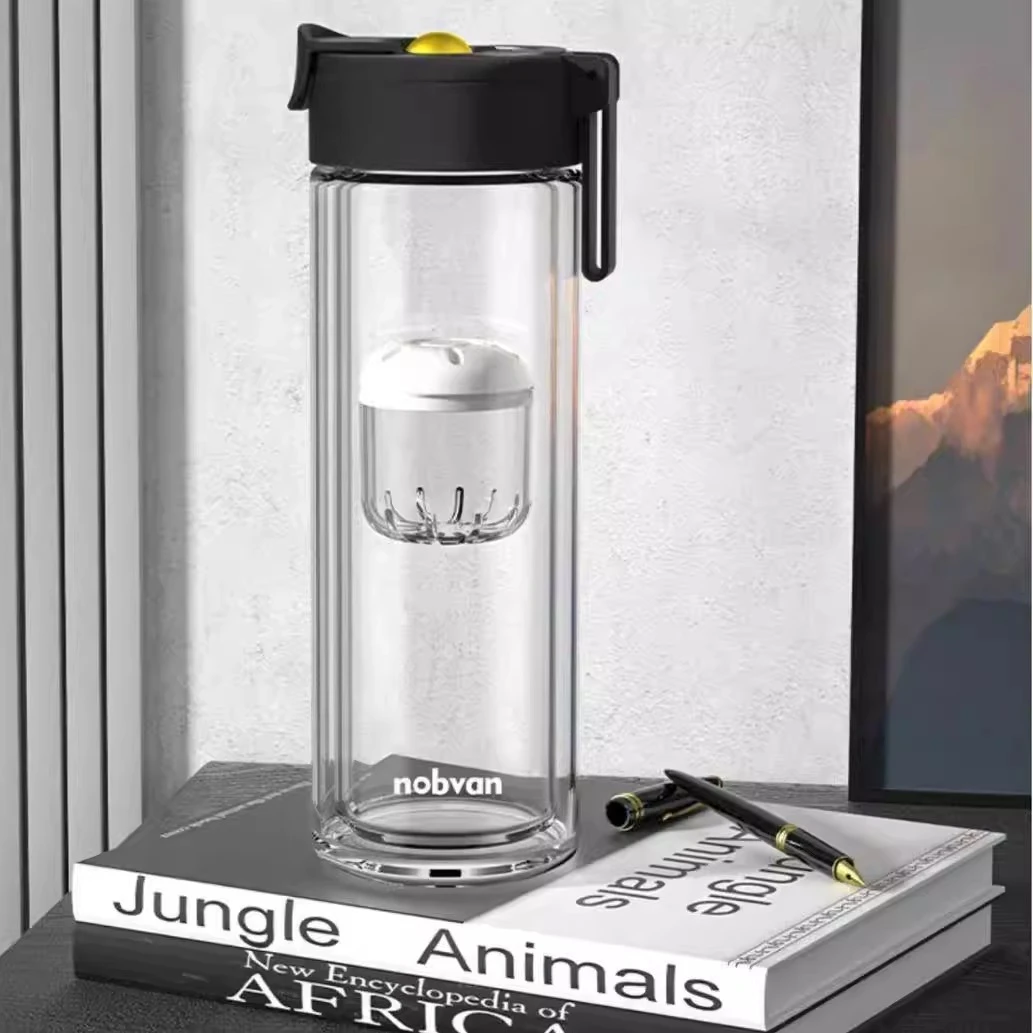 磁弹泡茶杯隔热双层玻璃杯办公男士便捷磁吸茶水分离杯