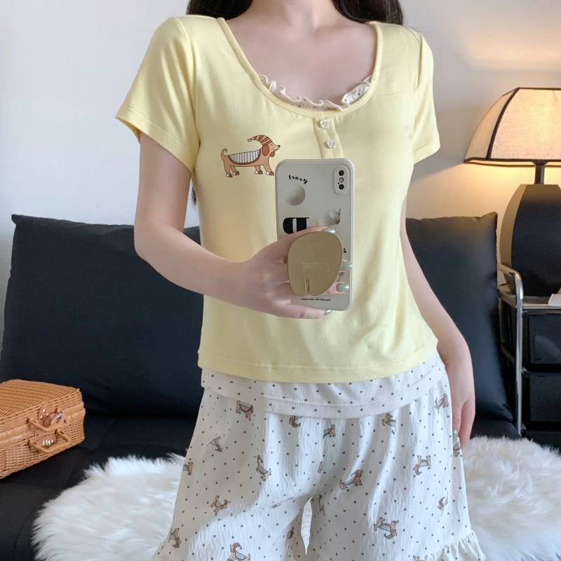 睡衣家居服莫代尔睡衣家居服学院风女薄款蕾丝花边显瘦女卡通韩版