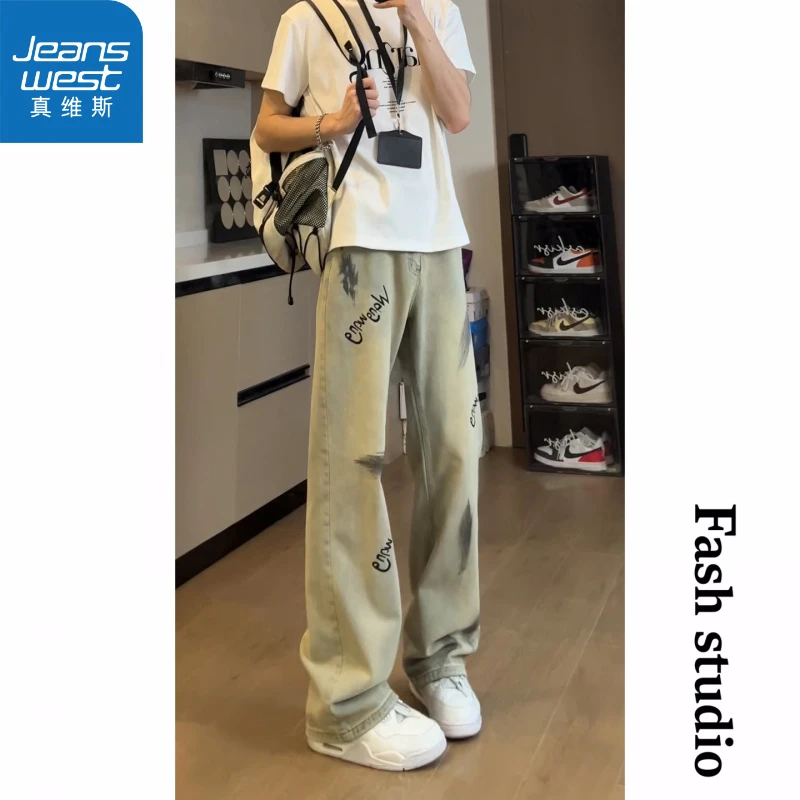 真维斯裤子脏洗字母涂鸦时尚牛仔裤美式高街毛边直筒长裤潮流时尚
