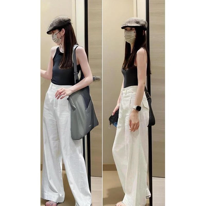 韩版时尚白色棉麻休闲舒适长裤女加长高腰垂感西装直筒阔腿裤百搭
