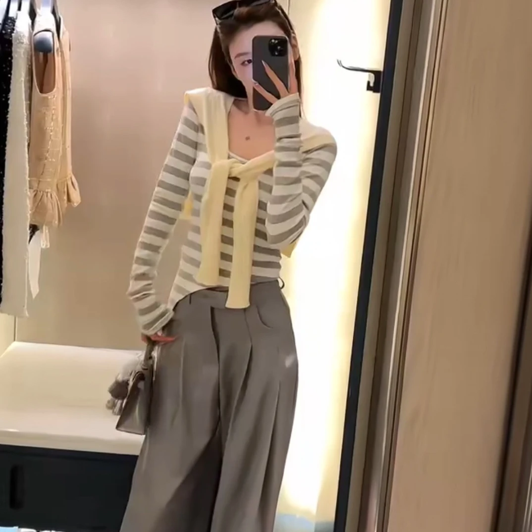 套装薄款冰丝细条纹长袖防晒罩衫不扎很软送披肩
