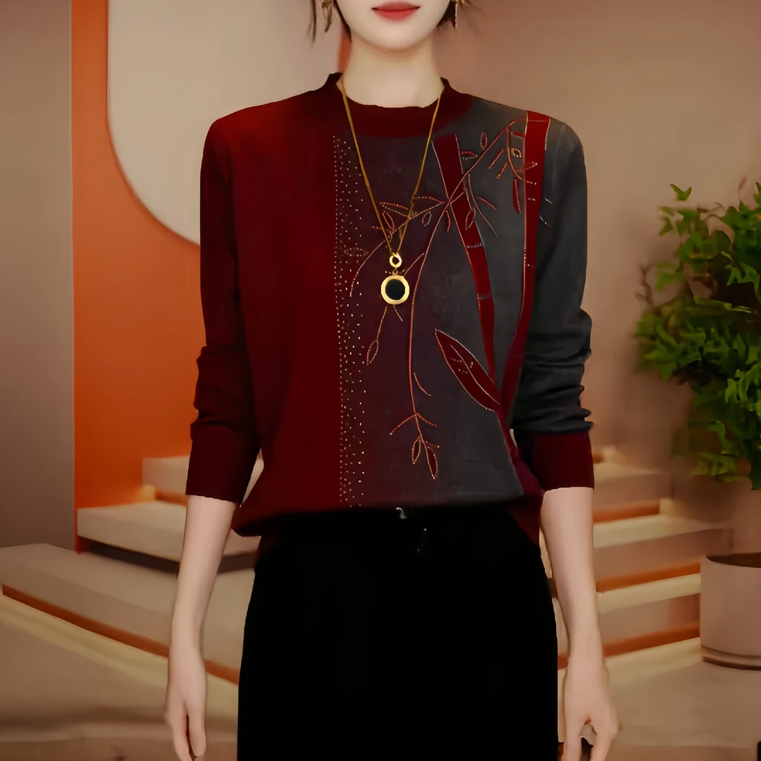 新中式提花烫钻长袖大码妈妈针织衫秋季新款显瘦时尚毛衣打底上衣