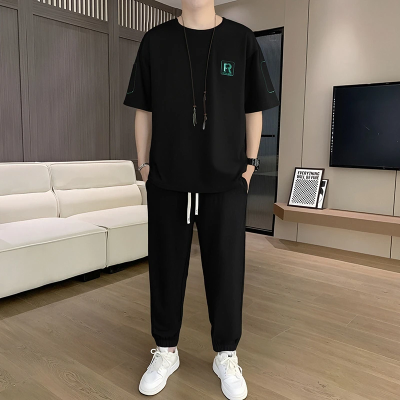短袖t恤套装男夏季新款休闲运动长裤一套搭配帅气潮流穿搭一整套