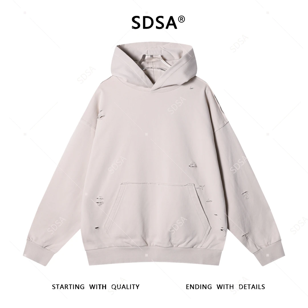 SDSA男士秋冬新款痞帅男装韩版纯色裁剪破洞连帽卫衣时尚情侣上衣