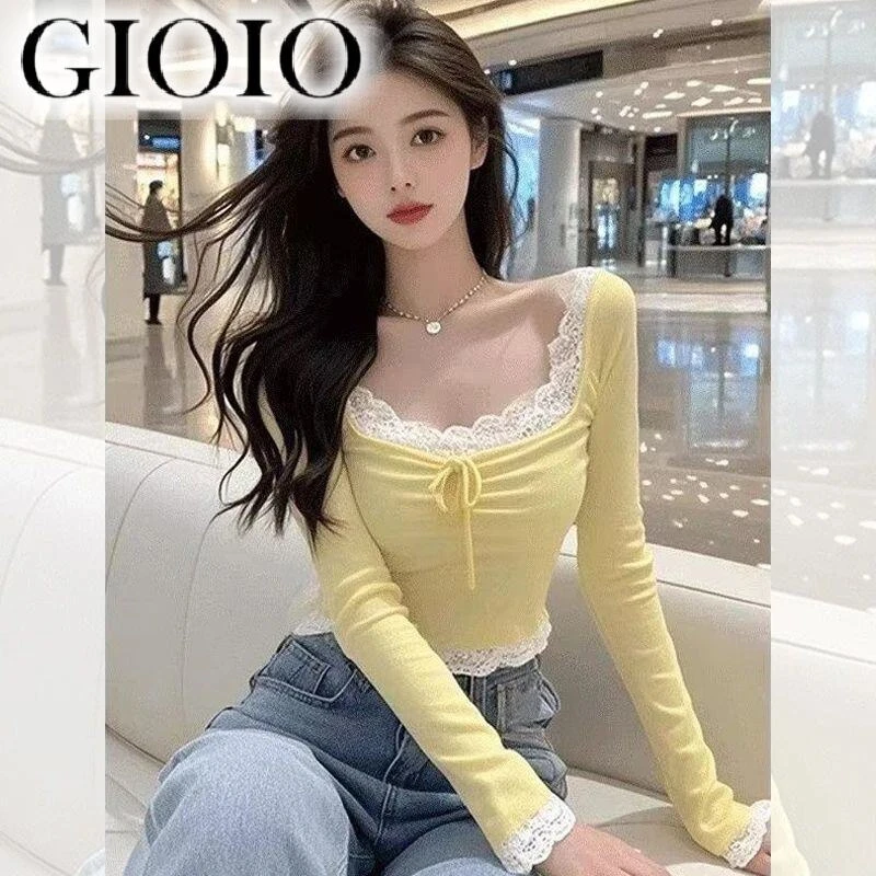 GIOIO短款长袖甜美打底衫女法式蕾丝拼接新款上衣春季花边领系带