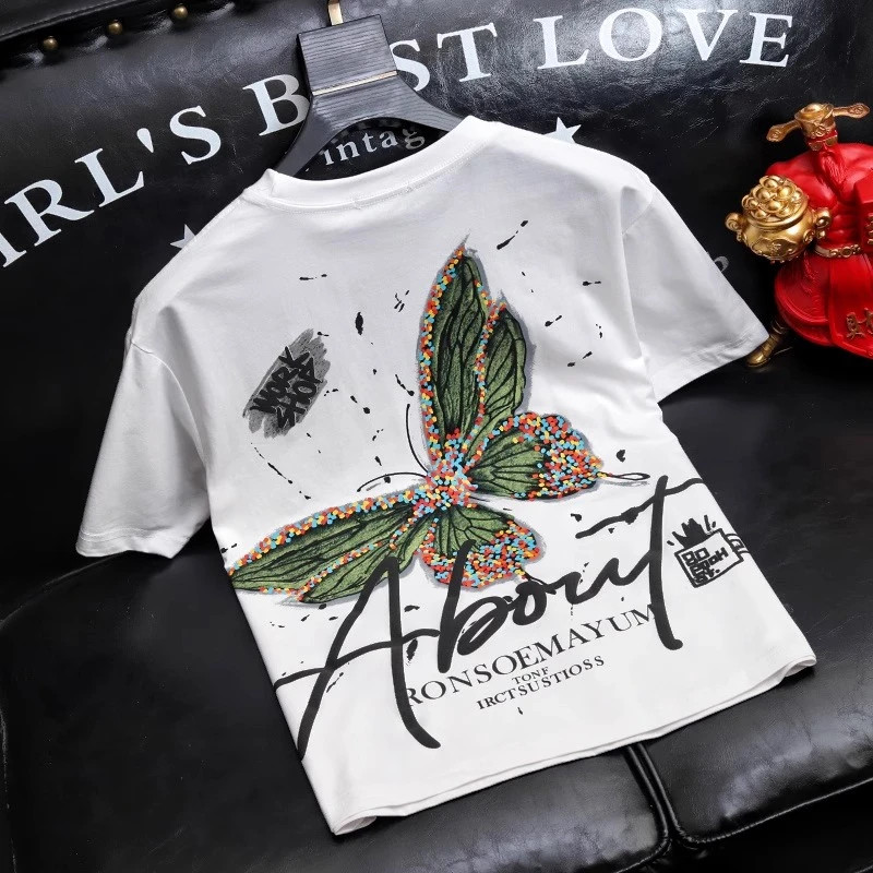 塞弗索罗温高级感重磅短袖T恤男士新款个性彩蝶印花宽松半袖衫