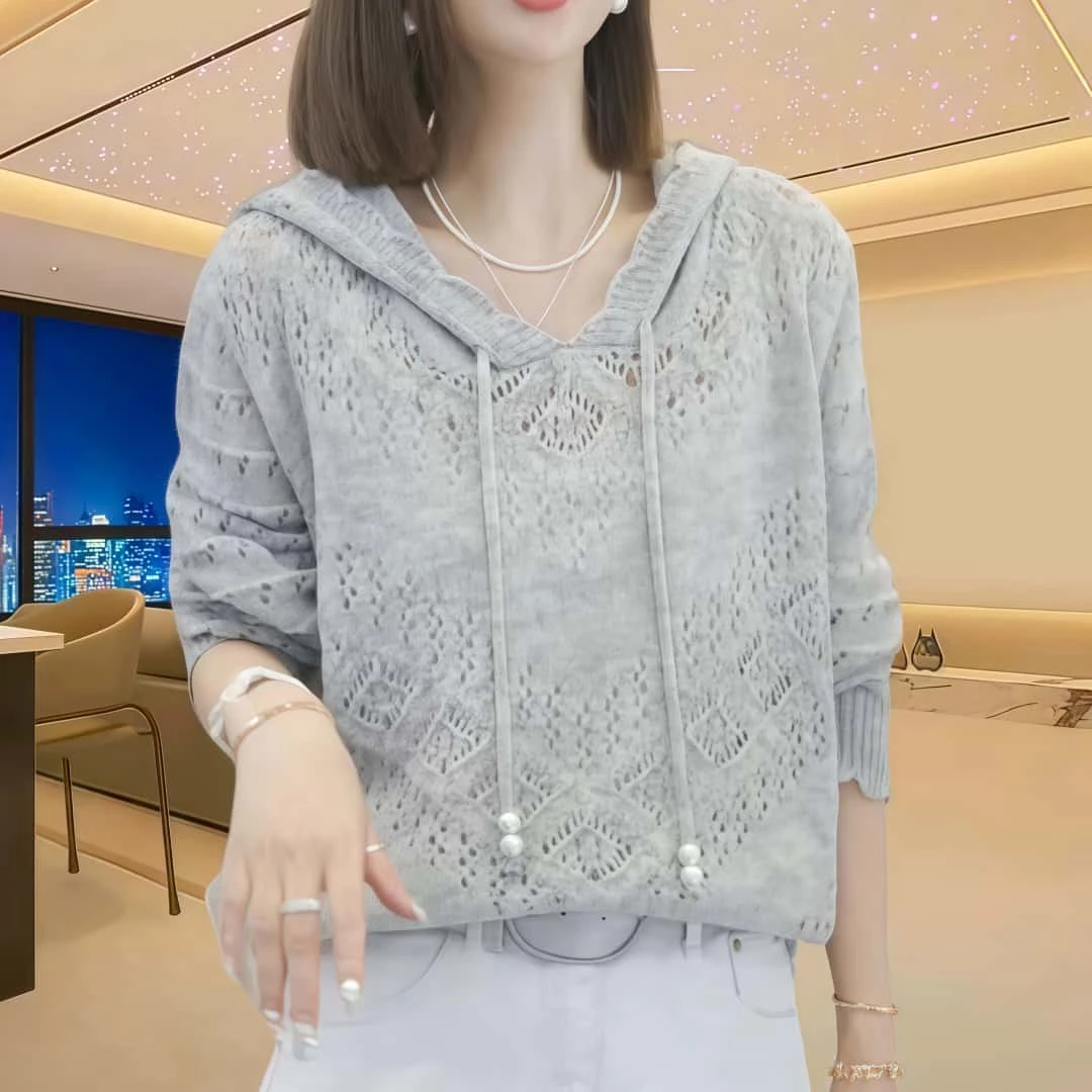 【镂空设计】2025秋季新款重工时尚针织衫纯色气质长袖毛衣连帽衫女