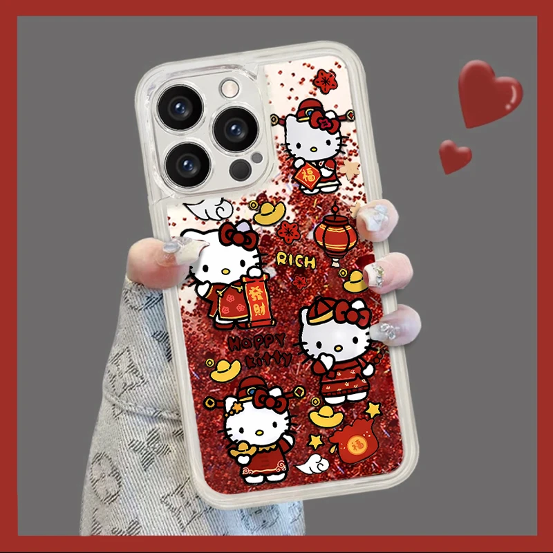 红色旗袍凯蒂猫适用苹果vivo华为oppo小米iPhone16流沙全包手机壳