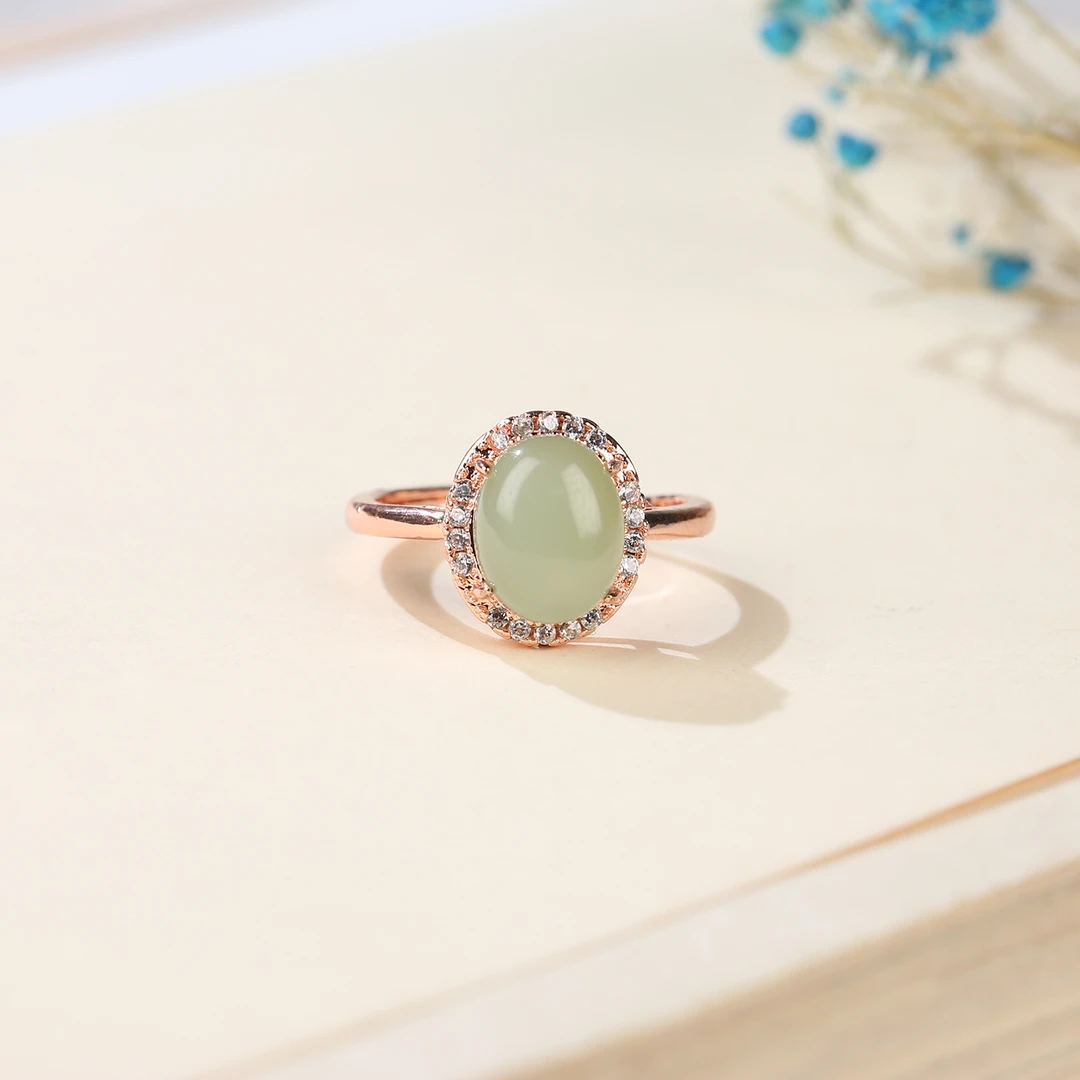 【麦子家族】天然和田玉蛋面戒指可调节精致百搭ETF0996