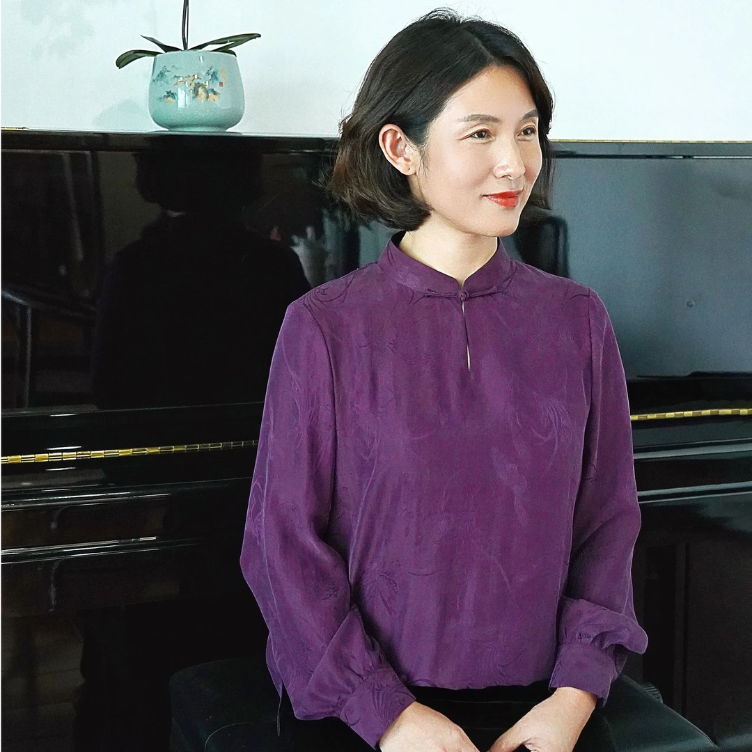 【京华苏艺】桑蚕丝红云纱女士新中式提花小立领气质长袖上衣68424
