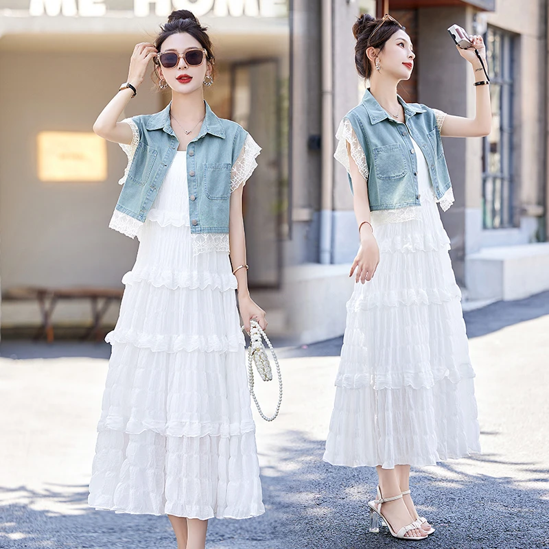 甜美牛仔连衣裙两件套女2025夏季新款设计感小香风蕾丝吊带蛋糕裙