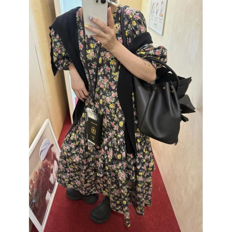 HELLOTANGO《花间浮夏》夏季法式度假风碎花泡泡袖连衣裙25646#