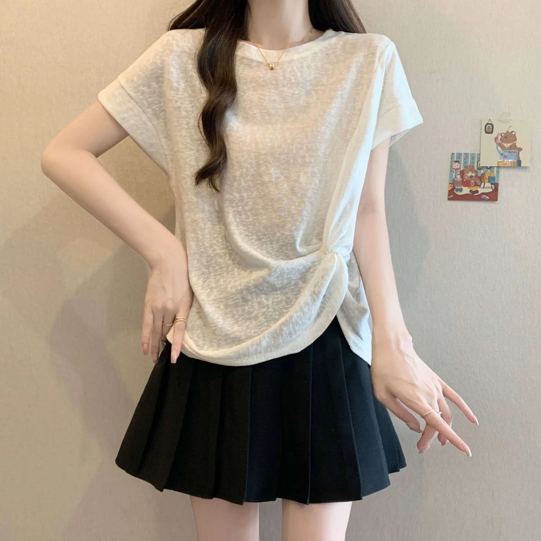 大码女装韩版时尚扭结短袖棉t恤女夏胖MM高级感不规则显瘦上衣女
