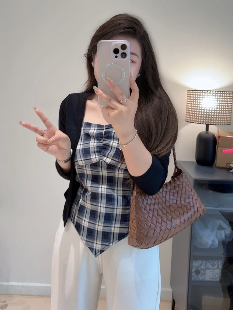 大顾家【遮肚子武器】夏季后背打揽松紧弹力格子显瘦吊带2件套