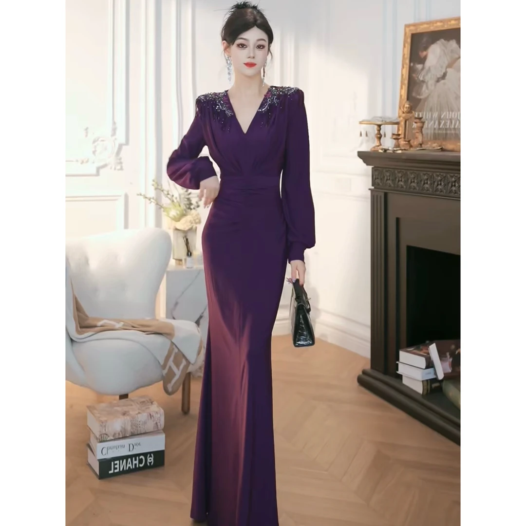 ZHAOMU 轻奢钉珠纯色长款皱褶包臀连衣裙