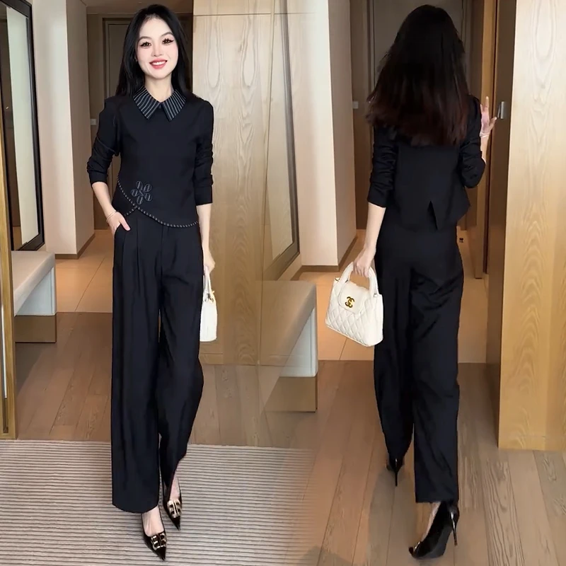 时尚牛仔套装女2025秋季新款洋气质花朵贴绣长袖上衣阔腿裤两件套