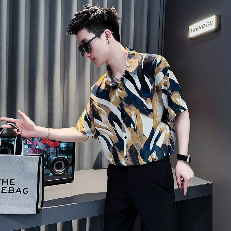 花衬衫男款短袖夏季薄款2025新款男士冰丝垂感潮牌男装休闲衬衣寸