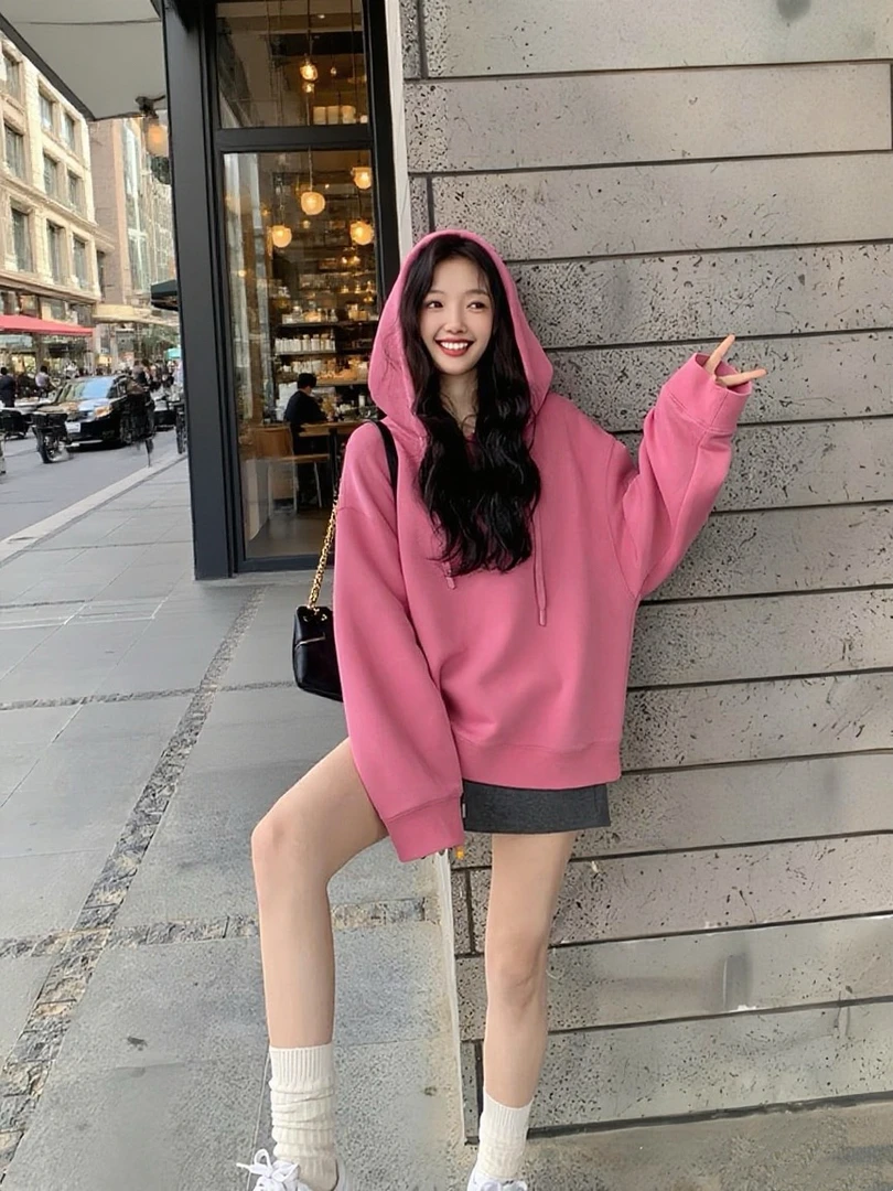网红韩版粉色连帽卫衣女春秋冬纯欲慵懒风洋气炸街显瘦休闲外套潮