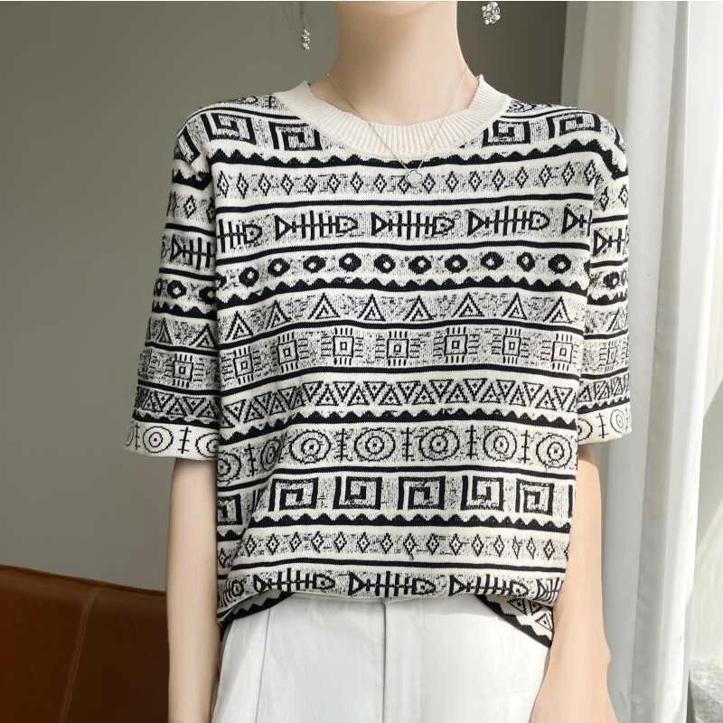 夏季新款宽松薄款拼色提花T恤显瘦百搭气质圆领短袖上衣