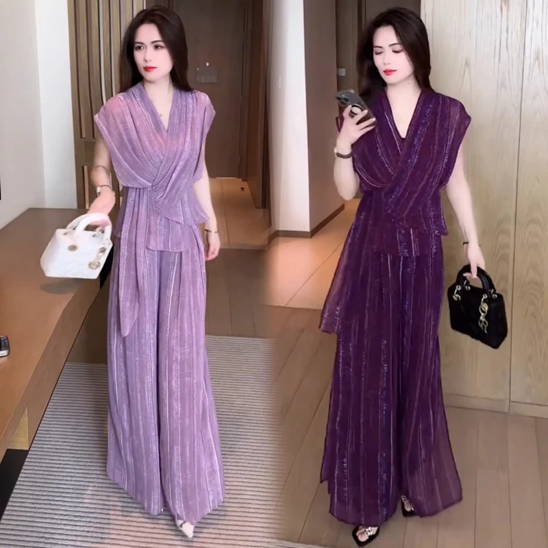 时尚套装女2025夏季新款高级感不规则短袖上衣阔腿裤气质两件套潮