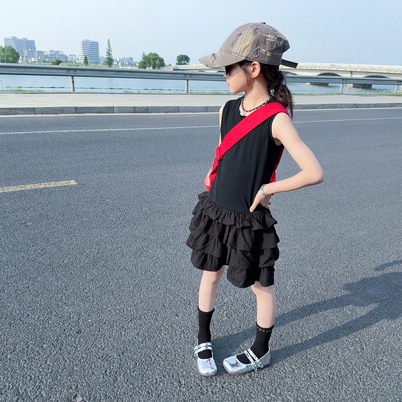 女童裙子高级感夏2025新款女孩夏季网红炸街黑色连衣裙夏装背心裙