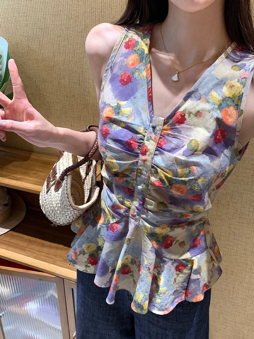 法式复古油画碎花设计V领收腰显瘦气质减龄褶皱无袖辣妹上衣