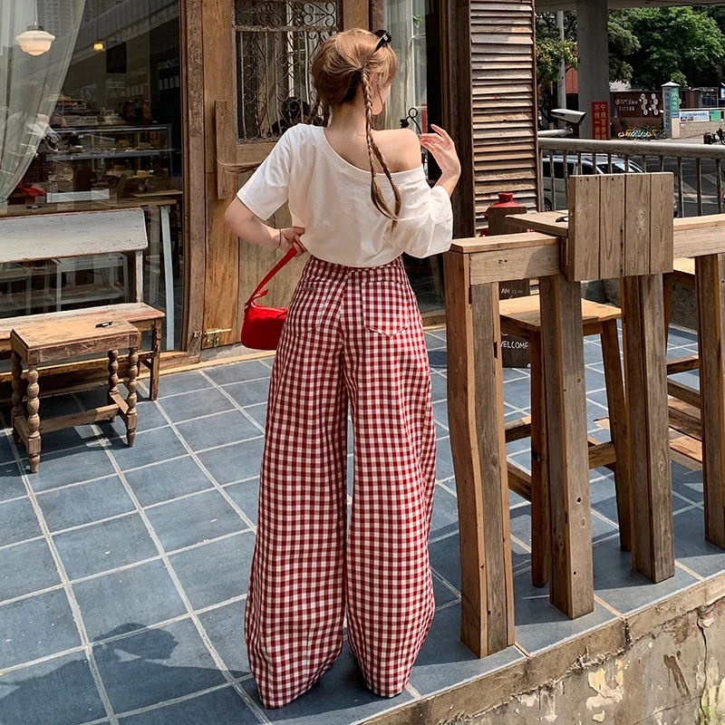 2025色美式辣妹宽松阔腿裤红黄格百搭直筒休闲裤女春季长