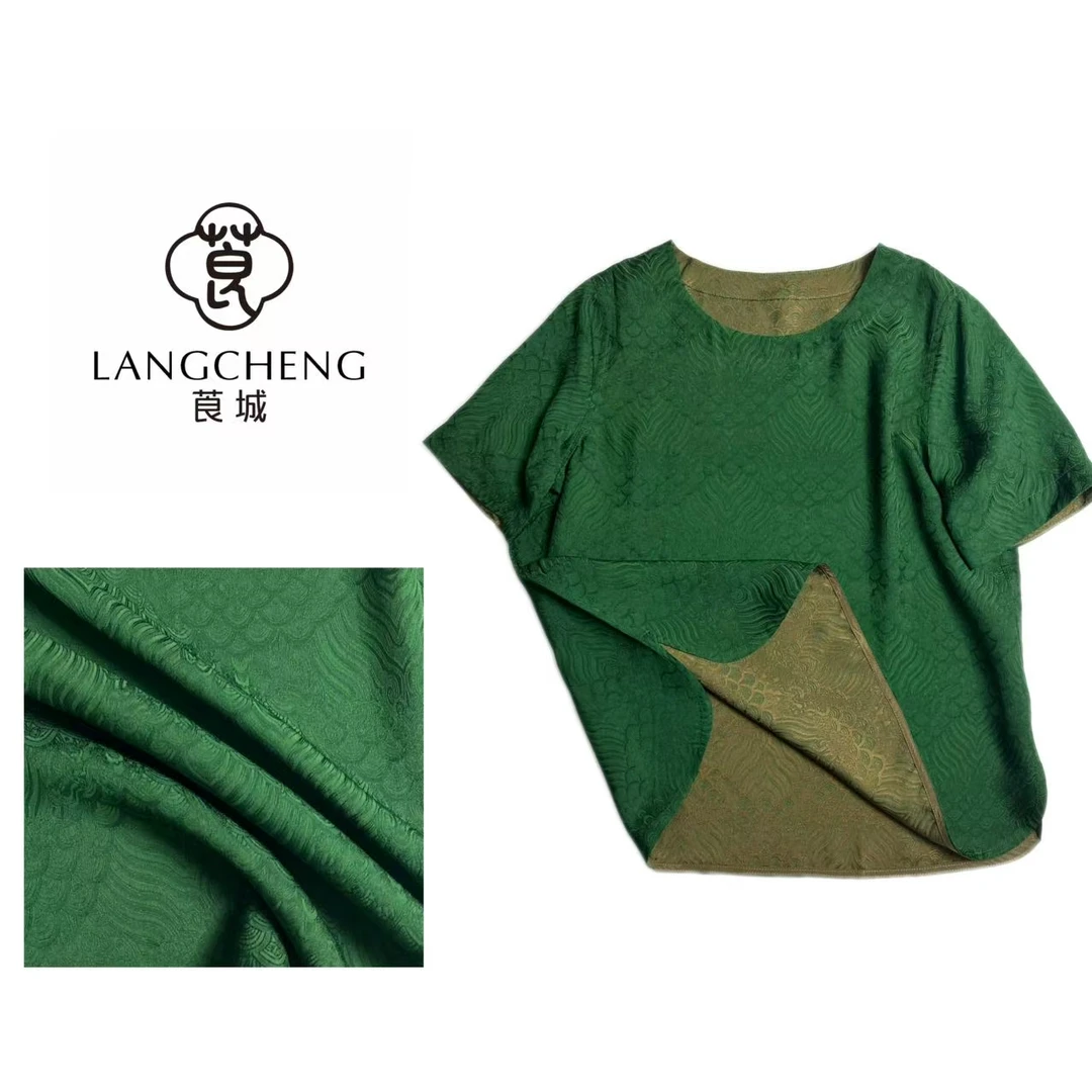 S2735 绿波  夏款国风海浪纹提花双面穿圆领减龄气质女款短袖