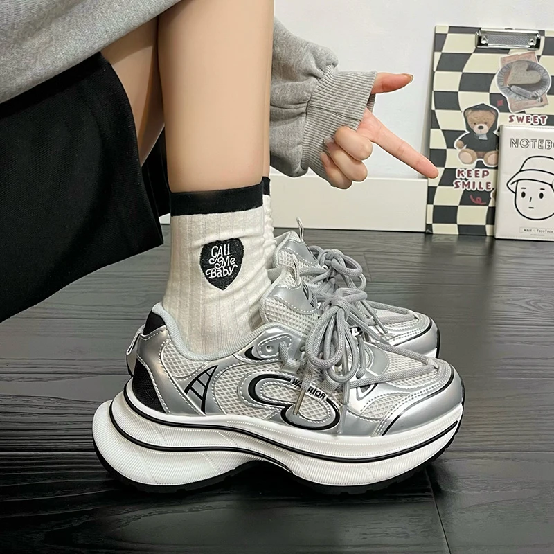 回力时尚ins潮银色老爹鞋女百搭学生轻便厚底休闲鞋网面韩版春季