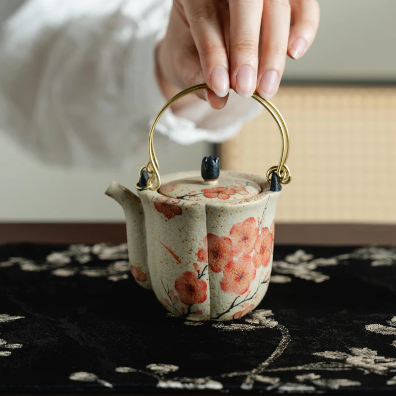 德白青花火石红陶瓷泡茶壶纯手绘梅花提梁壶功夫茶具带过滤泡茶器