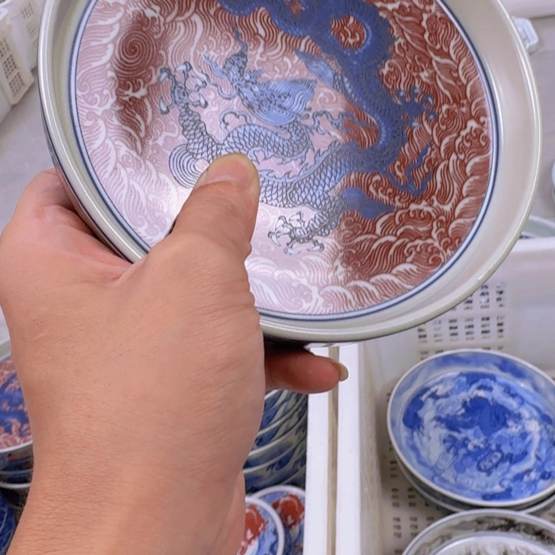 瓷片釉里红海水龙大壶乘微瑕