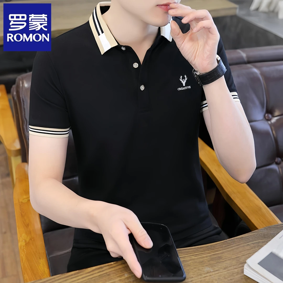 Romon/罗蒙夏季修身冰丝短袖t恤男士半袖体恤上衣服翻领polo衫潮