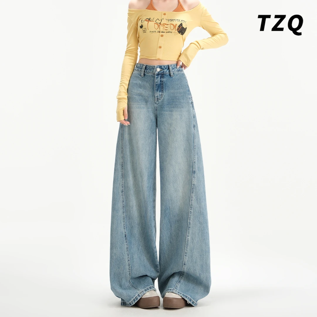 复古显瘦宽松弯刀阔腿牛仔裤女秋季新款高腰垂感镰刀裤TZQ2581432