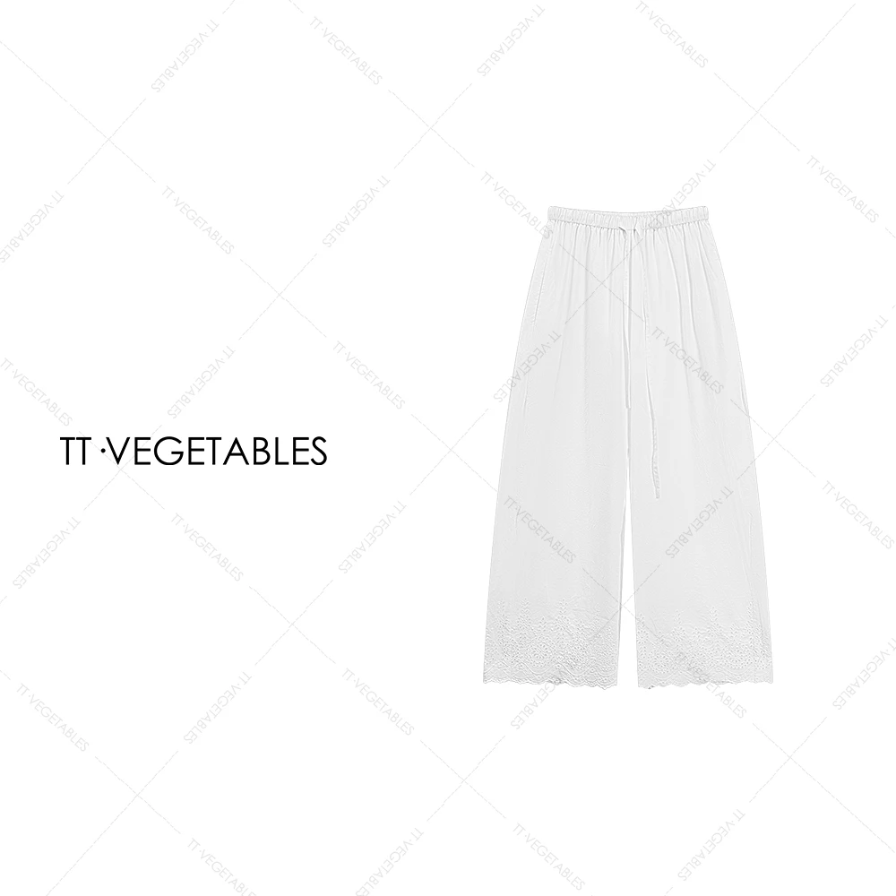 TT・VEGETABLES【序白】暮霭 雅致白蕾丝松紧腰抽绳浪漫休闲裤517805