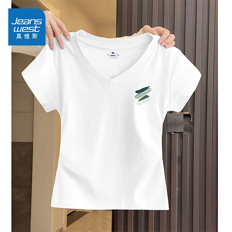 真维斯抗菌V领T恤2025夏季新款韩版修身纯欲露锁骨百搭设计短袖女
