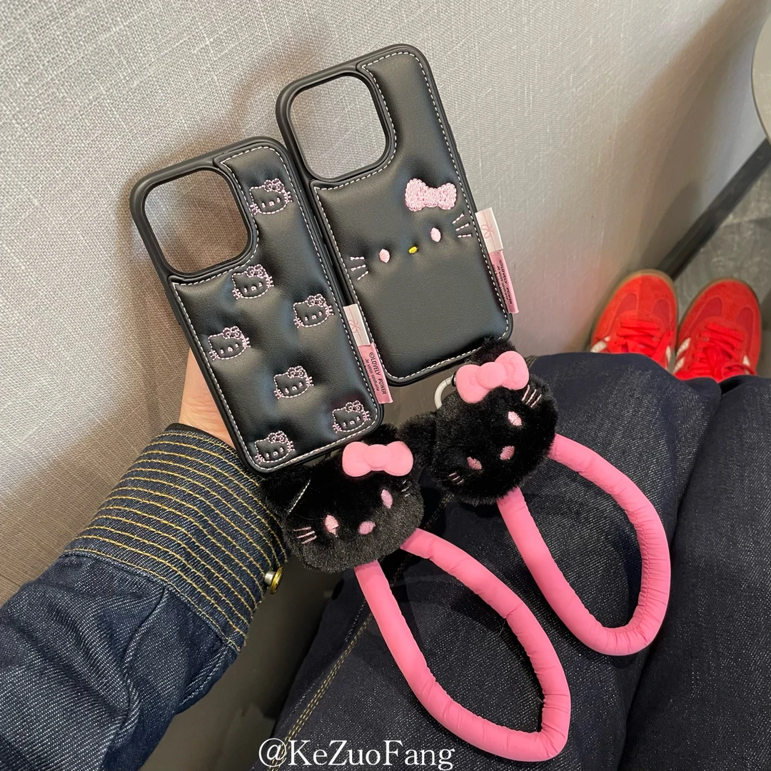 卡通皮质kt猫咪iPhone苹果16promax手机壳15/14/13防摔手提绳公仔