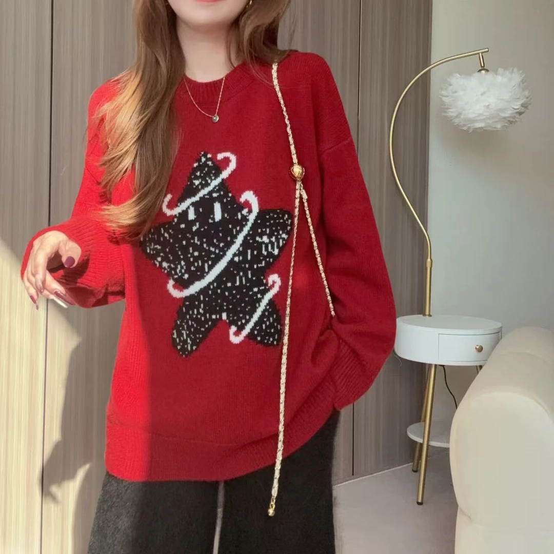 【百分百山羊绒】241962秋冬红色圣诞款圆领羊绒衫氛围感穿搭