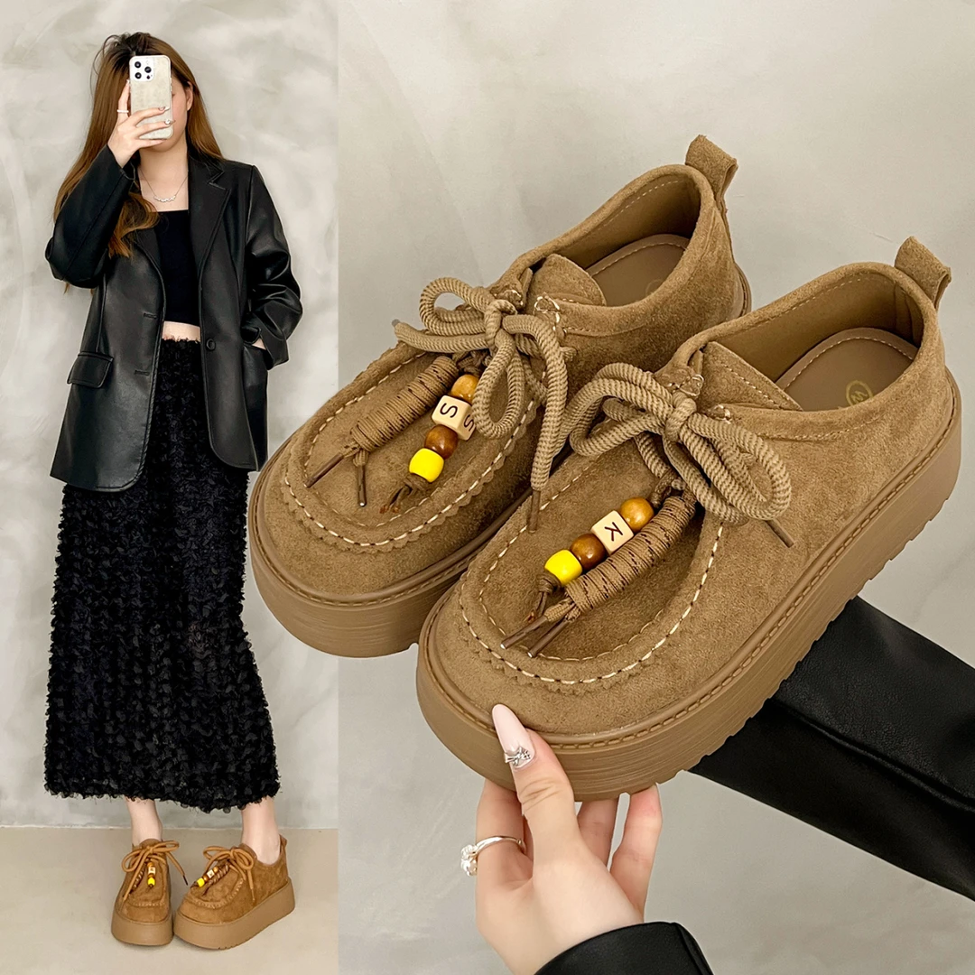 复古厚底袋鼠鞋单鞋女2025新款秋季女款休闲懒人系带乐福鞋勃肯鞋