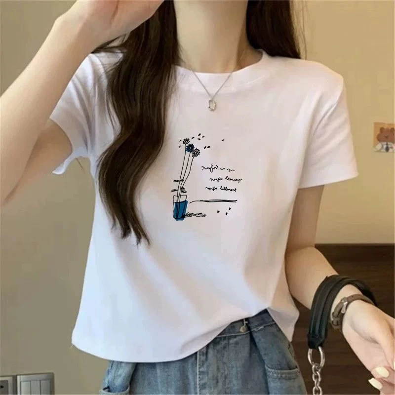 纯棉白色短袖t恤女2025夏季新款圆领正肩小个子短款宽松体恤上衣
