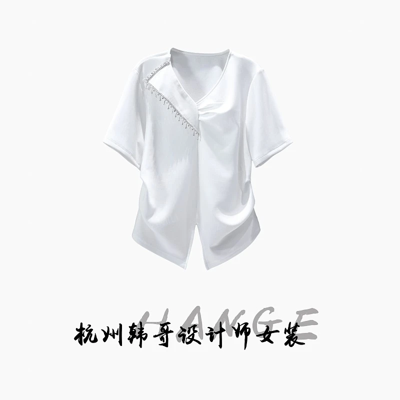 【韩哥女装】2025欧版设计师月光白不规则V领收腰休闲短袖9831-C2