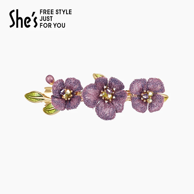 shes卢梭假日手工编织刺绣花朵横夹盘发夹马尾半发夹发饰头饰