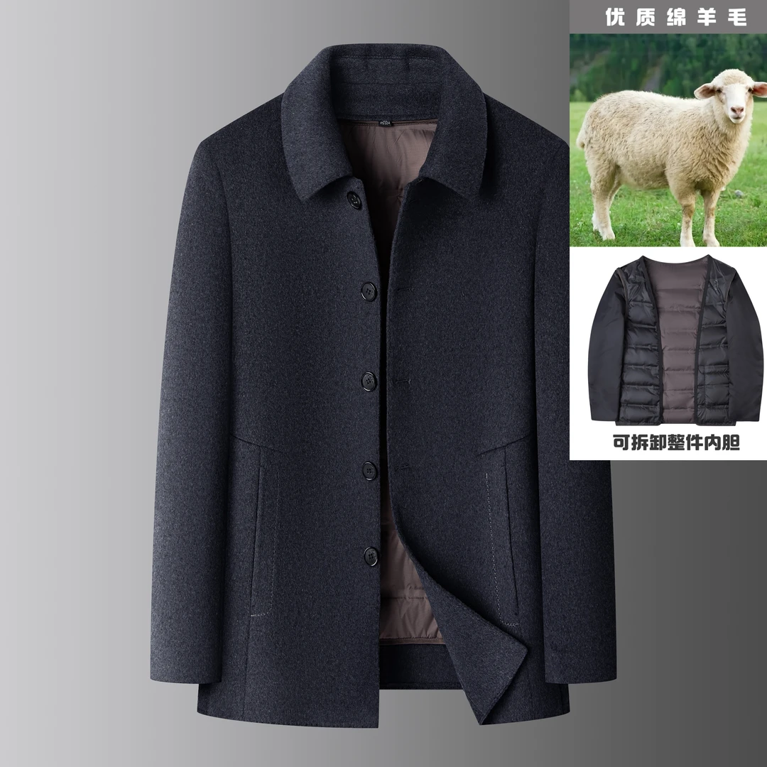 【70%绵羊毛＋可拆内胆】秋冬翻领男装毛呢大衣中老年中长款大衣外套