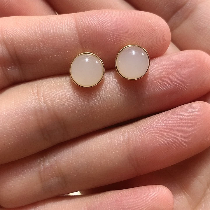 银S925镀金镶嵌和田玉（白玉）耳饰
