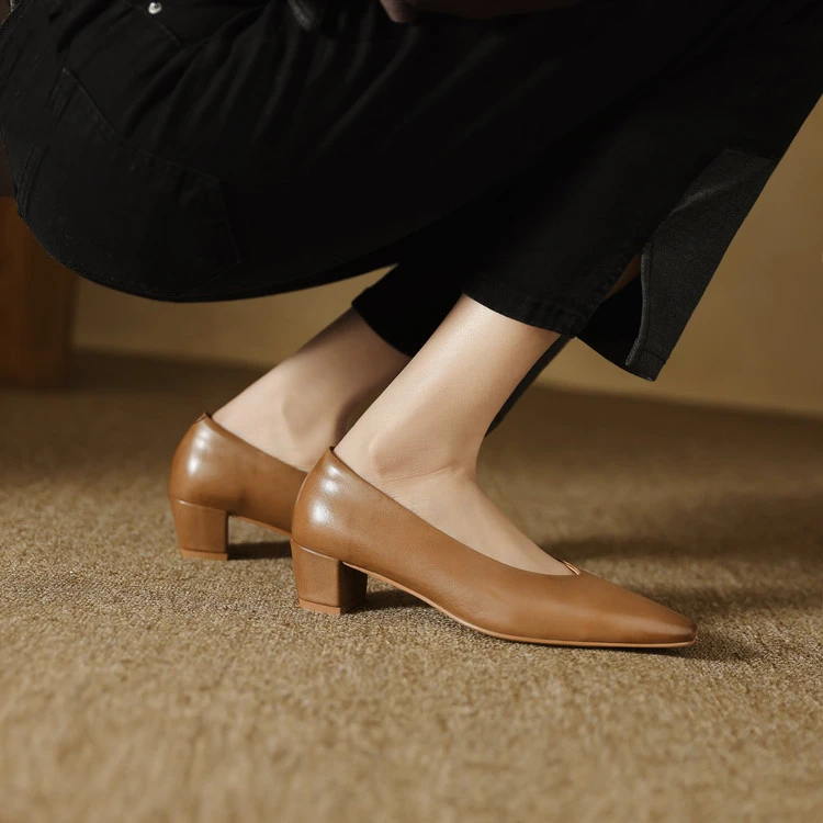 4.5cm 通勤休闲百搭粗跟浅口玛丽珍单鞋春季复古简约时尚方头单鞋
