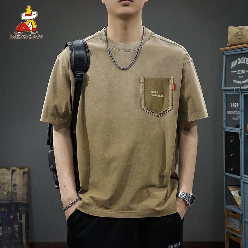 Mexican/稻草人渐变纯棉男士t恤短袖夏季潮牌印花宽松圆领体恤衫T