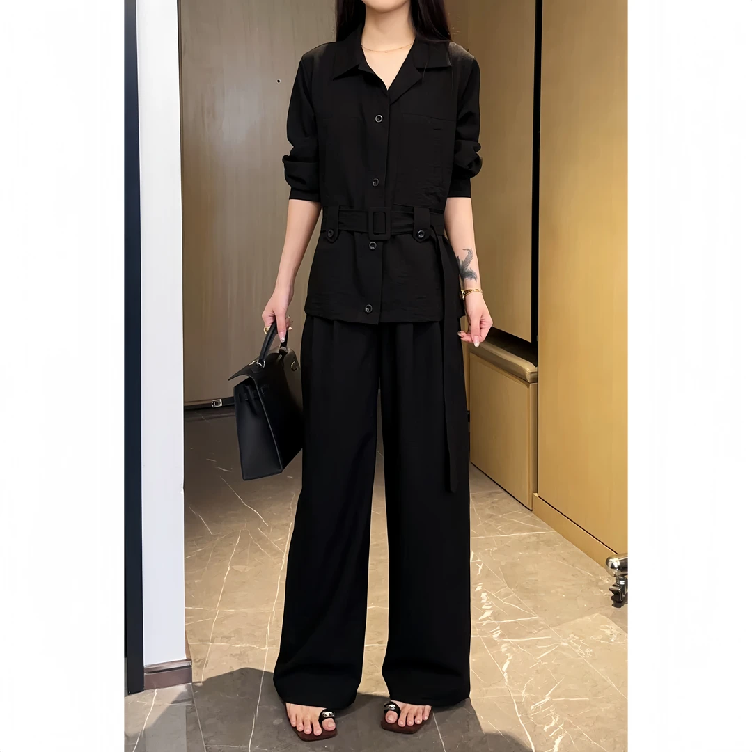 轻熟风时尚套装女通勤简约长袖上衣宽松阔腿裤休闲两件套