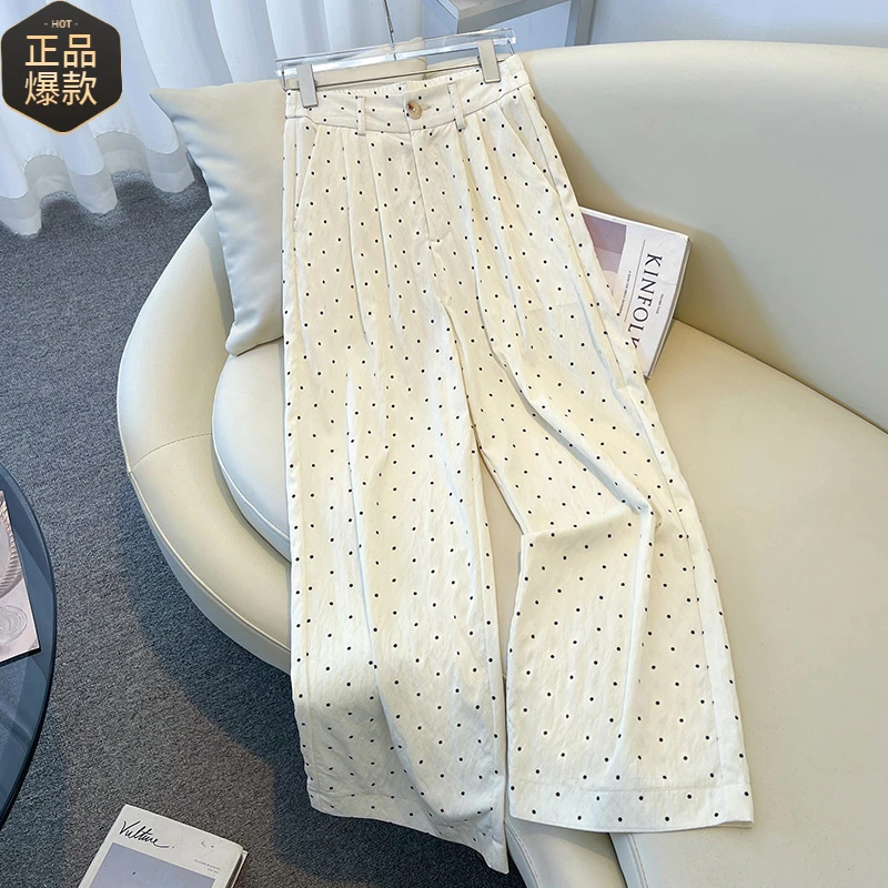 波点阔腿裤女夏季薄款2025新款高腰显瘦九分裤小个子窄版直筒裤子