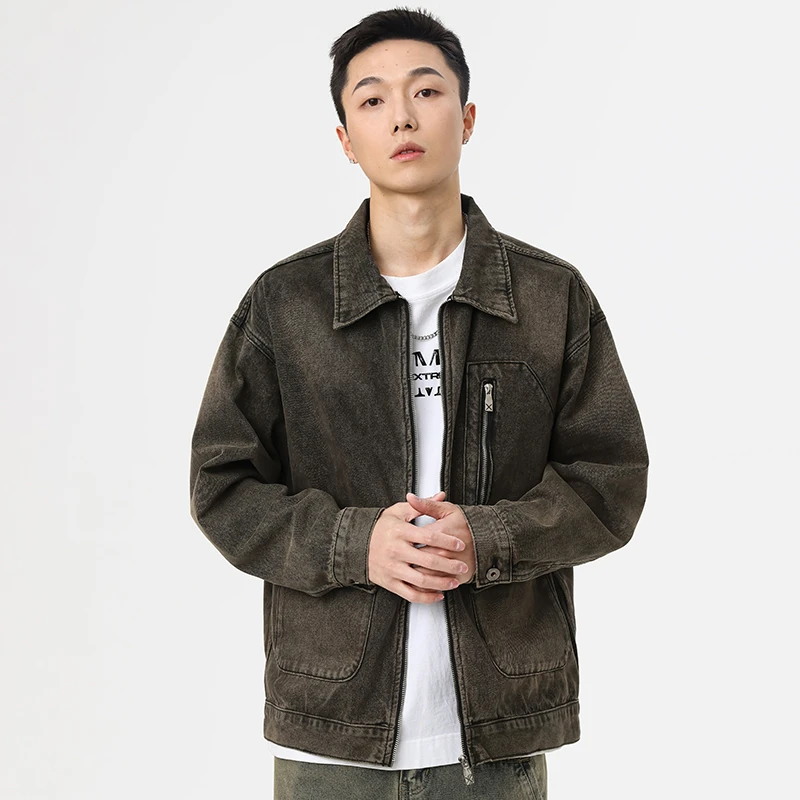 街头酷飒帅风做旧牛仔外套复古水洗做旧废土风男时尚休闲夹克上衣